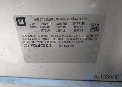 2015 Chevrolet Impala 1Fl z USA, uszkodzony, nr VIN 2G11X5SL1F9204205